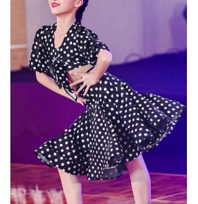 Black with white polka dot ballroom latin dance dresses for girls kids children salsa rumba chacha latin stage performance costumes for kids